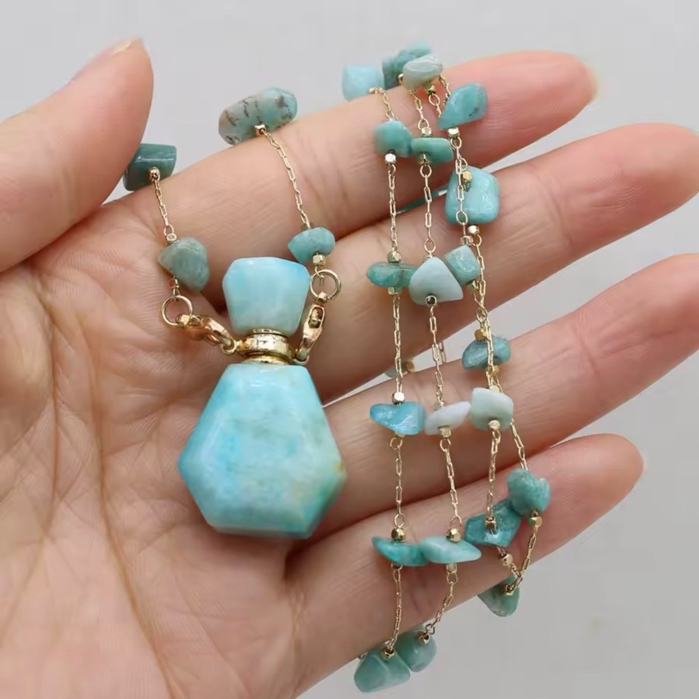 Natural Amazonite perfume bottle Amazonite gold plated over silver 30” n…